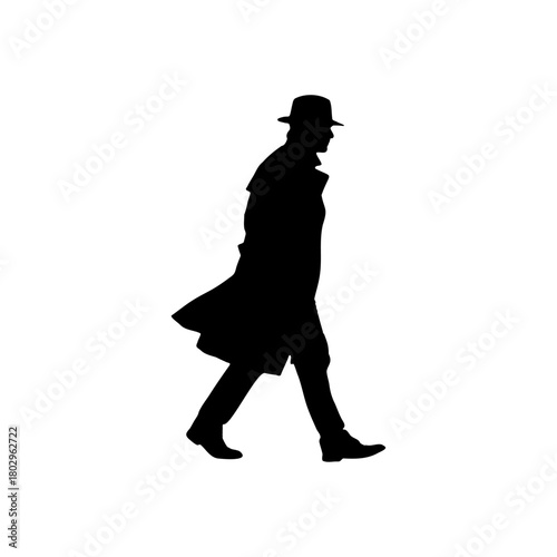 A silhouette of a person walking wearing a hat and coat against a white background in a side view