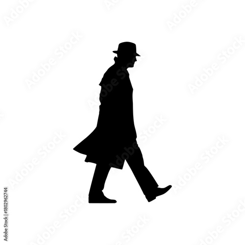 A silhouette of a man in a hat and coat walking against a white background in a side view pose