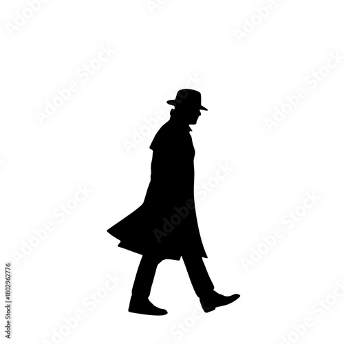 Silhouette of a man walking wearing a hat and trench coat against a white background in side profile