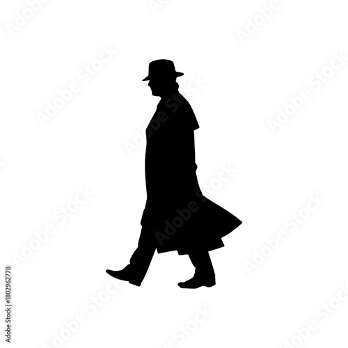Silhouette of a man walking wearing a hat and trench coat against a white background in a studio shot