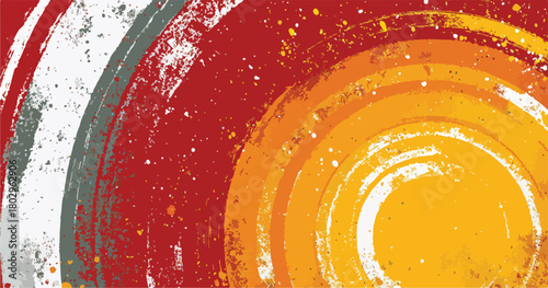 따뜻한 붉은색, 주황색, 노란색 동심원과 거친 그런지 질감이 특징인 현대적인 추상 벡터 배경 디자인으로, 다양한 창의적 프로젝트에 활용하기 좋습니다.