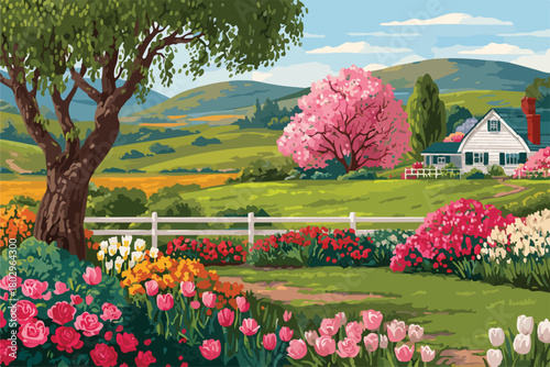 따뜻한 봄날, 만개한 튤립과 벚꽃이 화려하게 피어난 정원과 아늑한 시골집이 어우러져 평화로운 전원 풍경을 담아낸 아름다운 벡터 일러스트레이션.