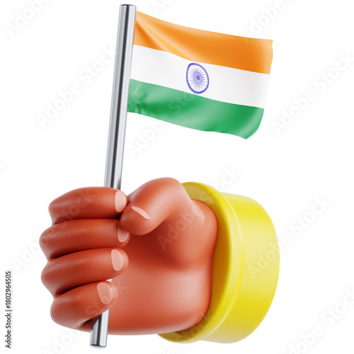 A hand holding the national flag of India in a 3D render, symbolizing patriotism and national pride