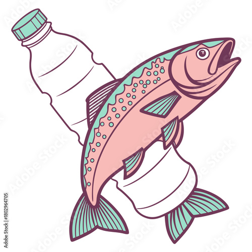 A crushed PET bottle forming the outline of a fish.