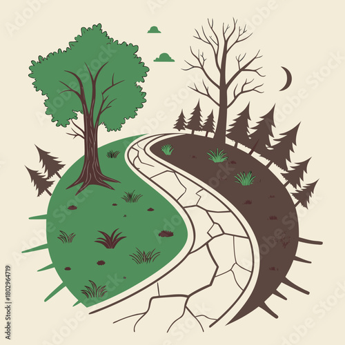 The path is divided into two futures: a green planet and a devastated one.