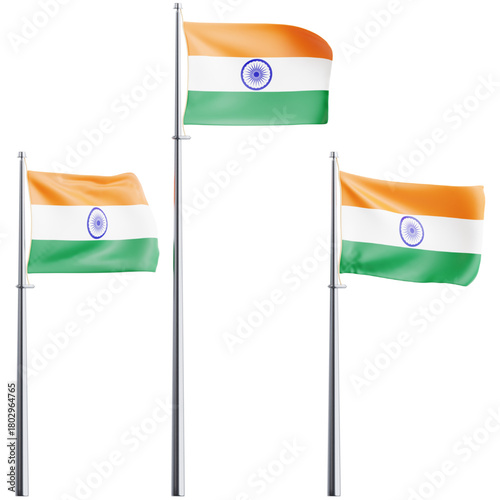 Set of three realistic Indian national flags fluttering on silver poles. 3D rendered vector design isolated on a clean white background