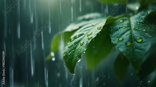 Close up of rain falling on leaves, macro cinematic perspective
