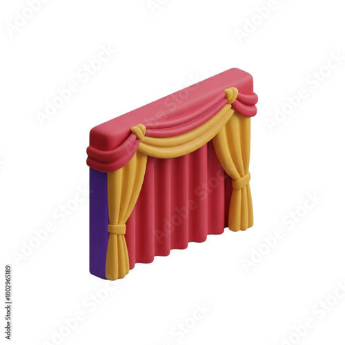 Isometric 3D rendering of a classic red theater curtain with elegant gold swags and tassels, representing a performance or event