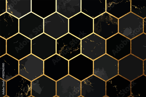 고급스러운 검정색과 금색 육각형 패턴 배경, 대리석 질감과 기하학적 디자인의 조화