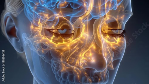 3D animation of human head with glowing brain and sinuses representing neurological activity and sinus health.