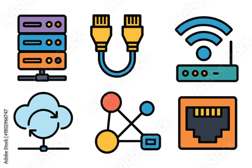 A set of six distinct icons illustrating various aspects of computer networking and data infrastructure.