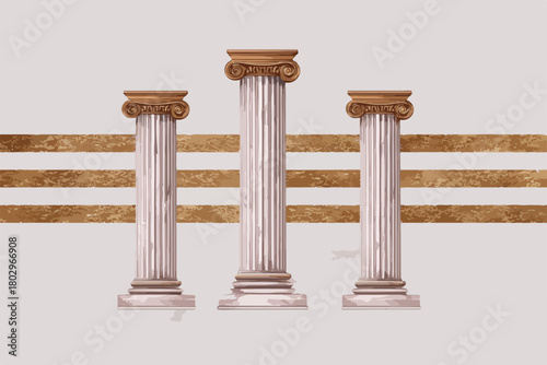고대 그리스 로마 양식의 세 개의 흰색 기둥과 황금색 줄무늬가 있는 배경