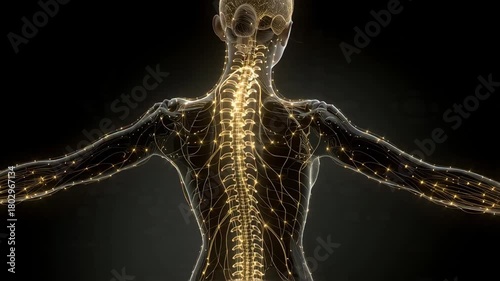 Human Nervous System and Spine Anatomy with Glowing Nerves and Brain in 3D Animation.