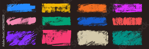 Vector set of grunge colorful paint frames. Bold texture distressed rectangular brush strokes. Textured backgrounds for badges, labels, banners, posters.