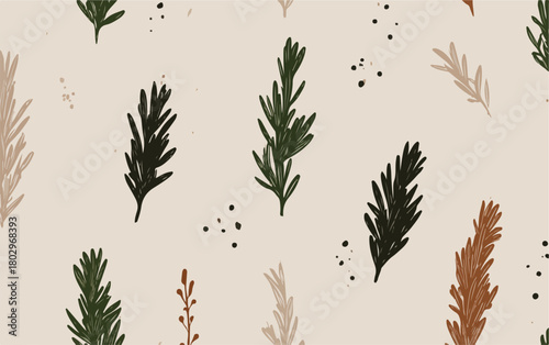 다양한 색상의 로즈마리 나뭇가지 패턴, 배경, 질감, 식물 디자인, 베이지색 배경에 흩뿌려진 잎사귀