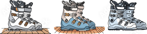 Three Stylish Pairs of Snow Ski Boots Displayed on a Wooden Floor for Skiing Enthusiasts, Featuring Different Designs and Colors, Isolated on Transparent Background