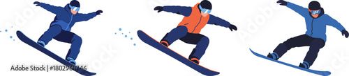 Three snowboarders performing various tricks on snowboards in a winter wonderland with blue attire, focusing on action and athleticism on a transparent background