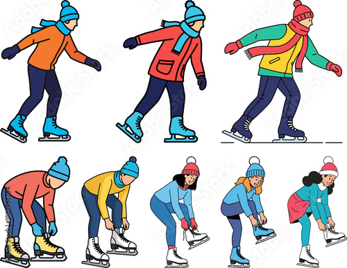 Group of diverse individuals engaging in ice skating activities, showing various poses like skating swiftly and tying skates, in a colorful winter clothing setting with black background