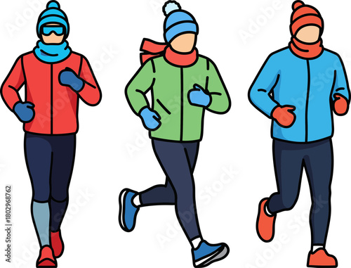 Three cartoon characters wearing colorful winter sports outfits and scarves, running outdoors on a transparent background, showcasing exercise and winter fitness activities.