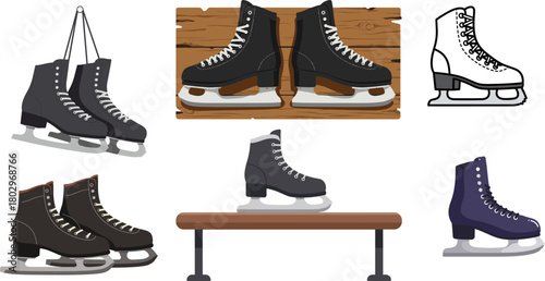 Collection of Various Ice Skates Displayed on a Wooden Shelf Including Black, White, and Purple Variants Isolated on Transparent Background