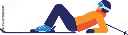 A person wearing ski gear with goggles laying down on skis, enjoying a break on a snowy slope with vibrant orange and blue attire, designed as a flat illustration on a transparent background