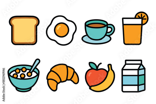 A vibrant assortment of breakfast items including toast, eggs, coffee, juice, cereal, croissant, fruit, and milk.