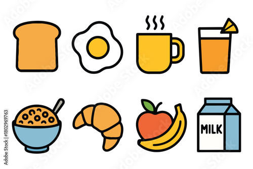 A colorful, hand-drawn illustration featuring a variety of popular breakfast items like toast, eggs, coffee, juice, cereal, croissant, fruit, and milk.