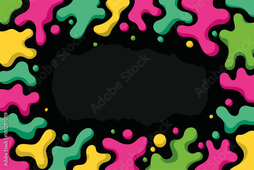 다채로운 페인트 물감 얼룩이 검은색 배경 주위에 모여 축제 분위기를 연출하는 추상적인 디자인