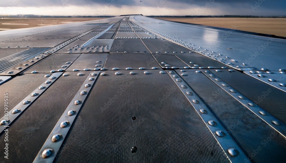 Fototapeta premium a close up of a riveted aluminum airplane wing showcasing sleek and aerodynamic aerospace engineering