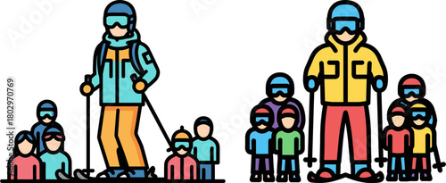 A skier in colorful winter gear skiing down a slope surrounded by a group of vibrant characters, representing a fun day at a ski resort on a transparent background