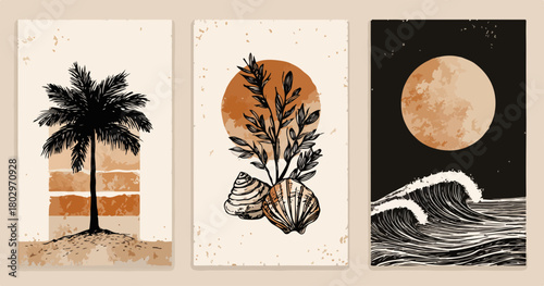 이국적인 야자수, 조개, 그리고 달빛 아래 파도치는 바다를 담은 세련된 추상 예술 포스터 컬렉션