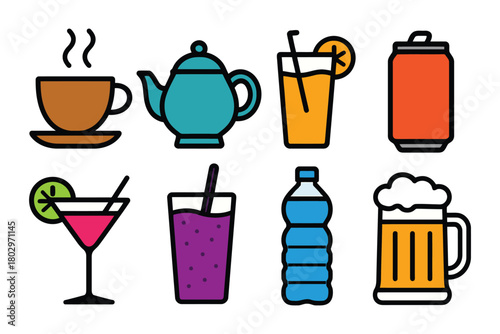 A colorful set of eight icons depicting data analysis, databases, AI, coding, networks, and research tools.