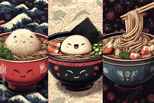 귀여운 일본 라멘과 오니기리 캐릭터가 담긴 아시아 음식 일러스트, 배경에 파도와 전통 문양이 있습니다.