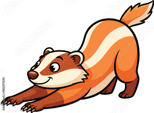 Friendly cartoon orange badger with white stripes in a playful stretching pose.