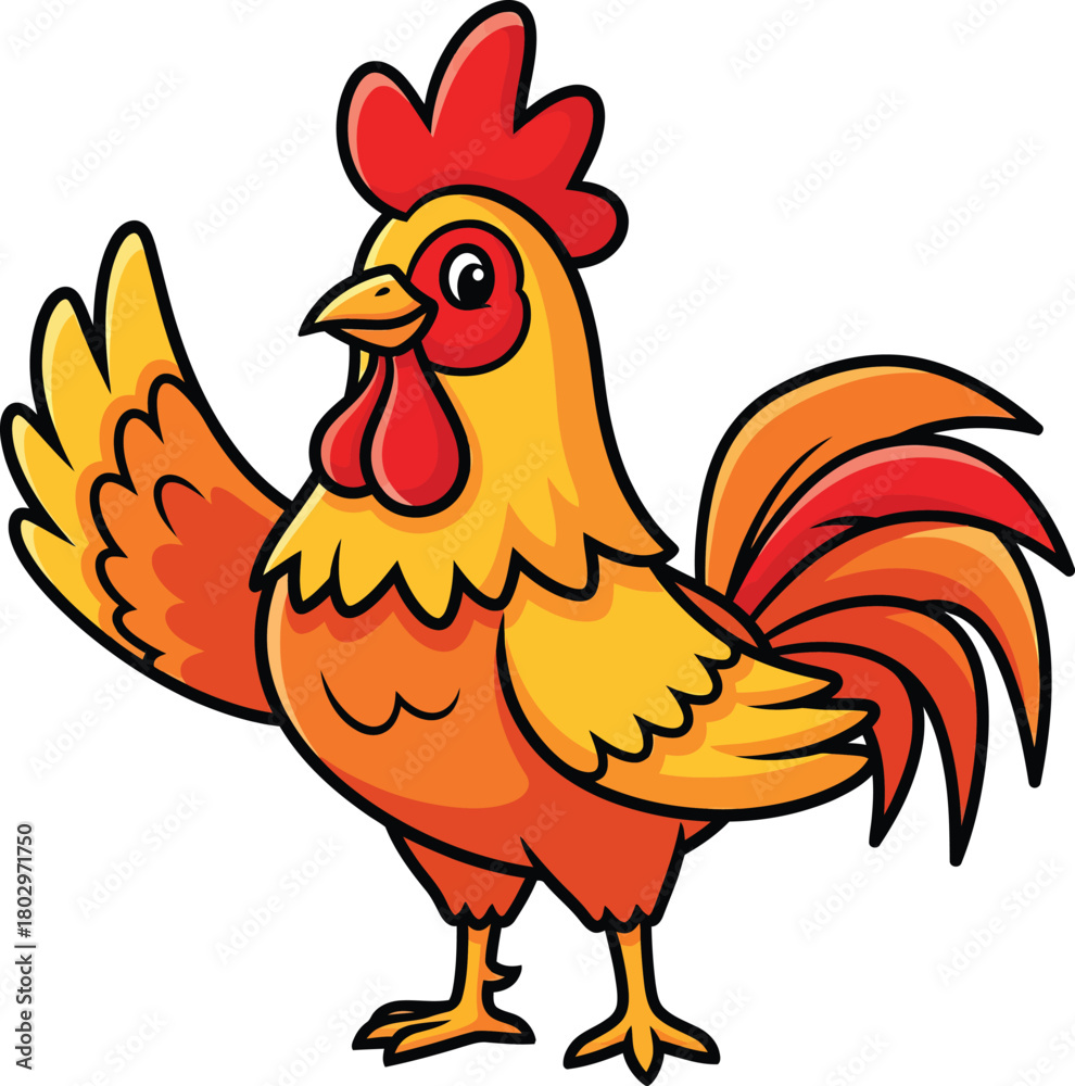 Fototapeta premium Friendly cartoon rooster with a vibrant red comb and yelloworange feathers standing and waving a wing.