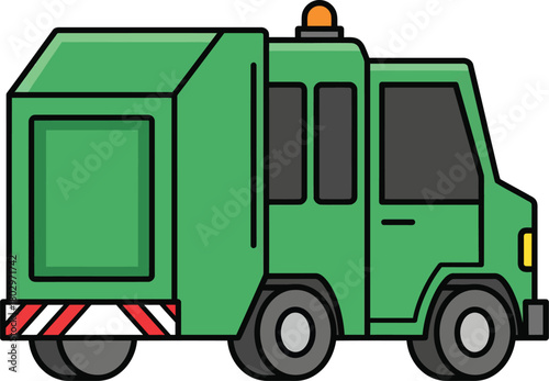 Green cartoon garbage truck illustration with an orange flashing light on top.