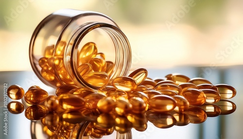 close up of translucent golden soft gel capsules spilling out of a small glass jar on a smooth reflective surface clean and bright background