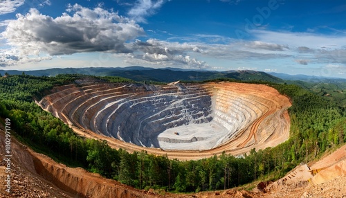 large open pit mine with terraced circular benches surrounded by forest and distant hills under a partly cloudy sky