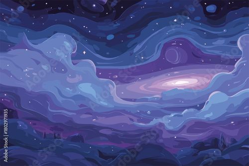 밤하늘의 은하수와 구름, 별들이 가득한 아름다운 우주 풍경을 그린 일러스트레이션