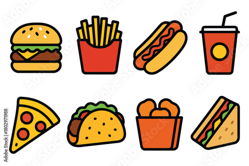 A vibrant collection of classic fast food illustrations featuring a burger fries hot dog soda pizza taco chicken nuggets and sandwich.