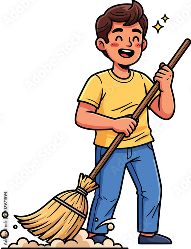 Happy cartoon boy in a yellow shirt and blue jeans cheerfully sweeping with a traditional straw broom.