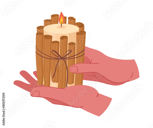 Cartoon xmas candle in hands. Christmas wax candle, winter holidays cozy aroma decorated candle with cinnamon sticks flat vector illustration. Xmas candle on white