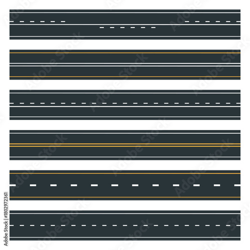 City street highway road. Asphalt markings roads, horizontal street roadway flat vector illustration set. Highways street roads on white background