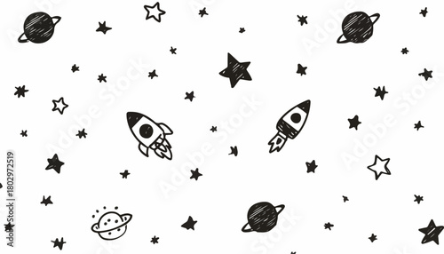 우주를 탐험하는 로켓과 행성, 별들이 그려진 귀여운 벡터 패턴 배경