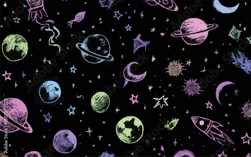 우주 행성과 별, 로켓, 초승달 등 다양한 천체가 그려진 밤하늘 패턴의 벡터 일러스트