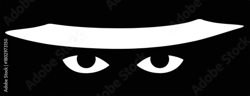 깊은 어둠 속 모자 아래에서 빛나는 두 눈이 미스터리한 분위기를 자아내며, 은밀한 감시와 호기심을 동시에 표현하는 추상적인 벡터 아이콘 디자인입니다.