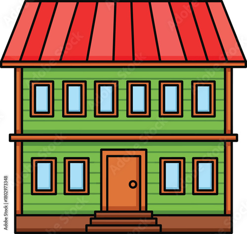 Vibrant cartoon illustration of a twostory green house featuring a red striped roof and many windows.