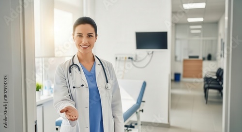 Female doctor smiling while inviting into a modern clinic room  