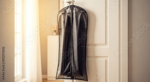 Elegant black garment bag hanging on door in bright room  