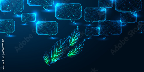 Digital leaves symbolizing green AI communication and sustainable tech in futuristic low poly style